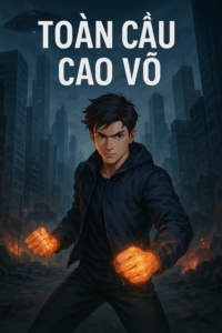 Bìa truyện Toàn Cầu Cao Võ – nam chính đứng giữa thành phố đổ nát, ánh lửa rực cháy phía sau.