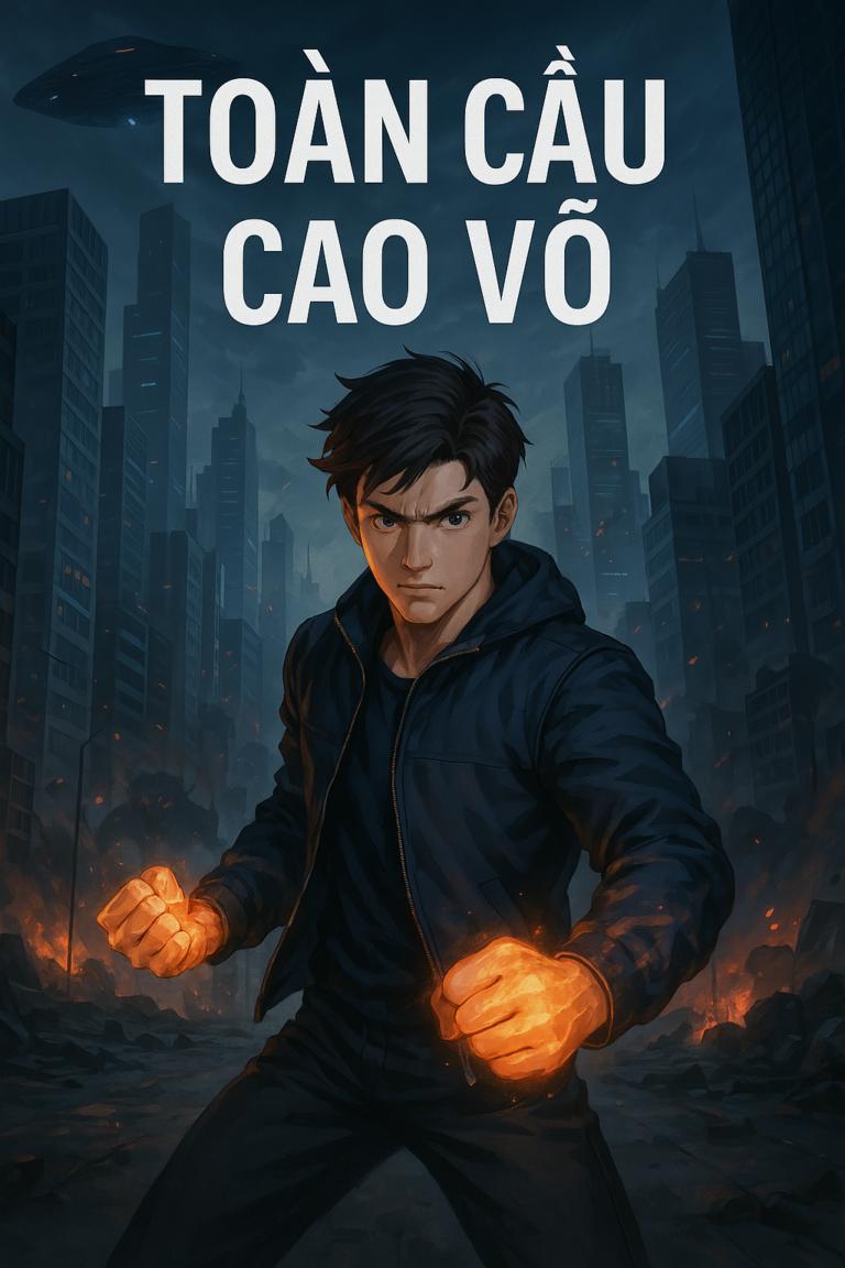 Bìa truyện Toàn Cầu Cao Võ – nam chính đứng giữa thành phố đổ nát, ánh lửa rực cháy phía sau.