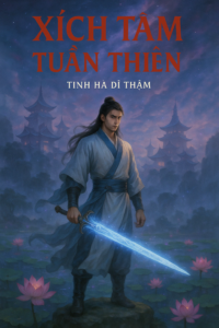 Nam tu sĩ cầm kiếm ánh sáng xanh lam giữa hồ sen và tiên cảnh mờ ảo