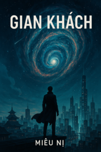 Ảnh bìa truyện Gian Khách của Miêu Nị, thể loại tiên hiệp khoa huyễn, với nhân vật đứng trên mái nhà nhìn về thành phố tương lai và xoáy không gian rực sáng trên bầu trời đêm.