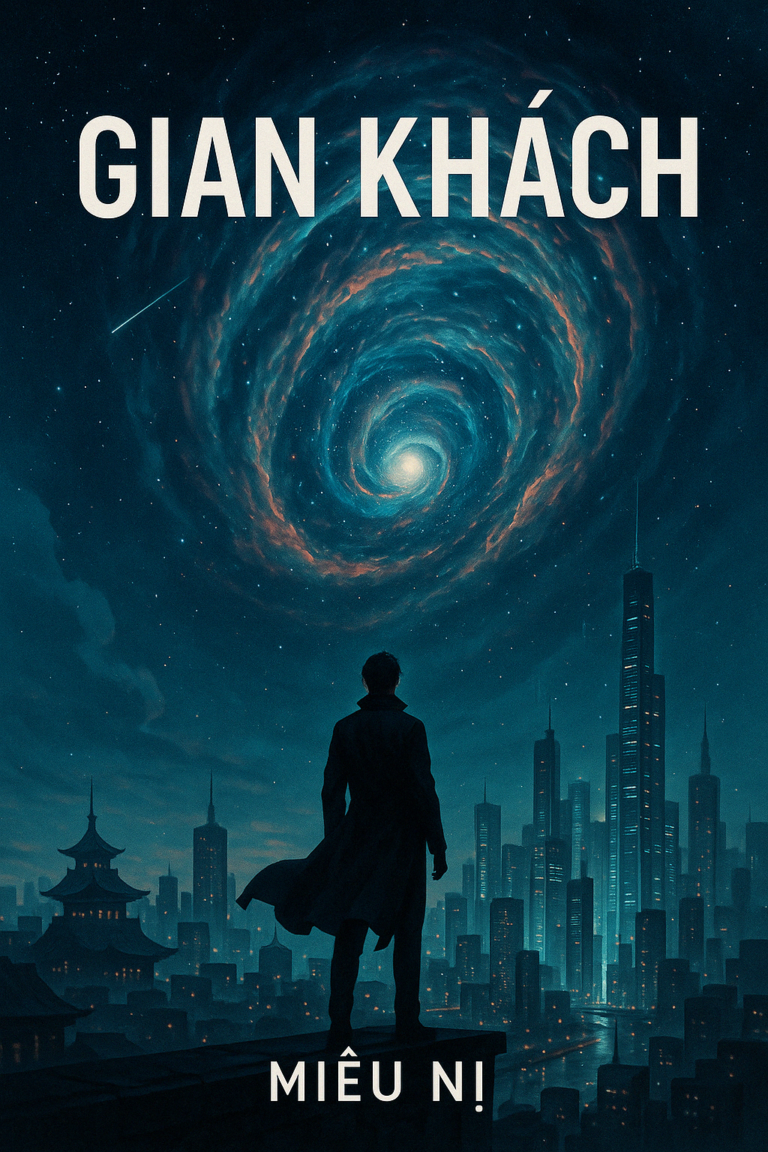 Ảnh bìa truyện Gian Khách của Miêu Nị, thể loại tiên hiệp khoa huyễn, với nhân vật đứng trên mái nhà nhìn về thành phố tương lai và xoáy không gian rực sáng trên bầu trời đêm.
