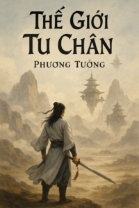 Nam nhân đạo bào cầm kiếm đứng trước vùng đất tu chân, phía xa là các tông môn lơ lửng giữa mây trời.