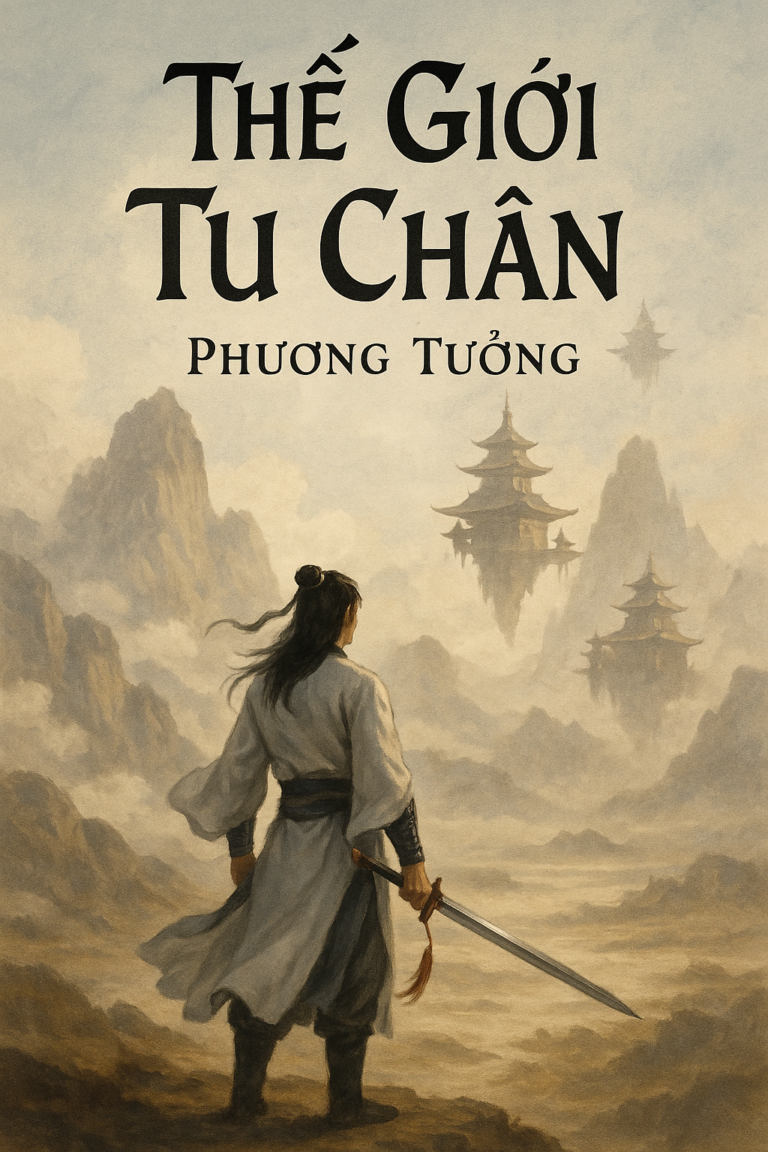 Nam nhân đạo bào cầm kiếm đứng trước vùng đất tu chân, phía xa là các tông môn lơ lửng giữa mây trời.