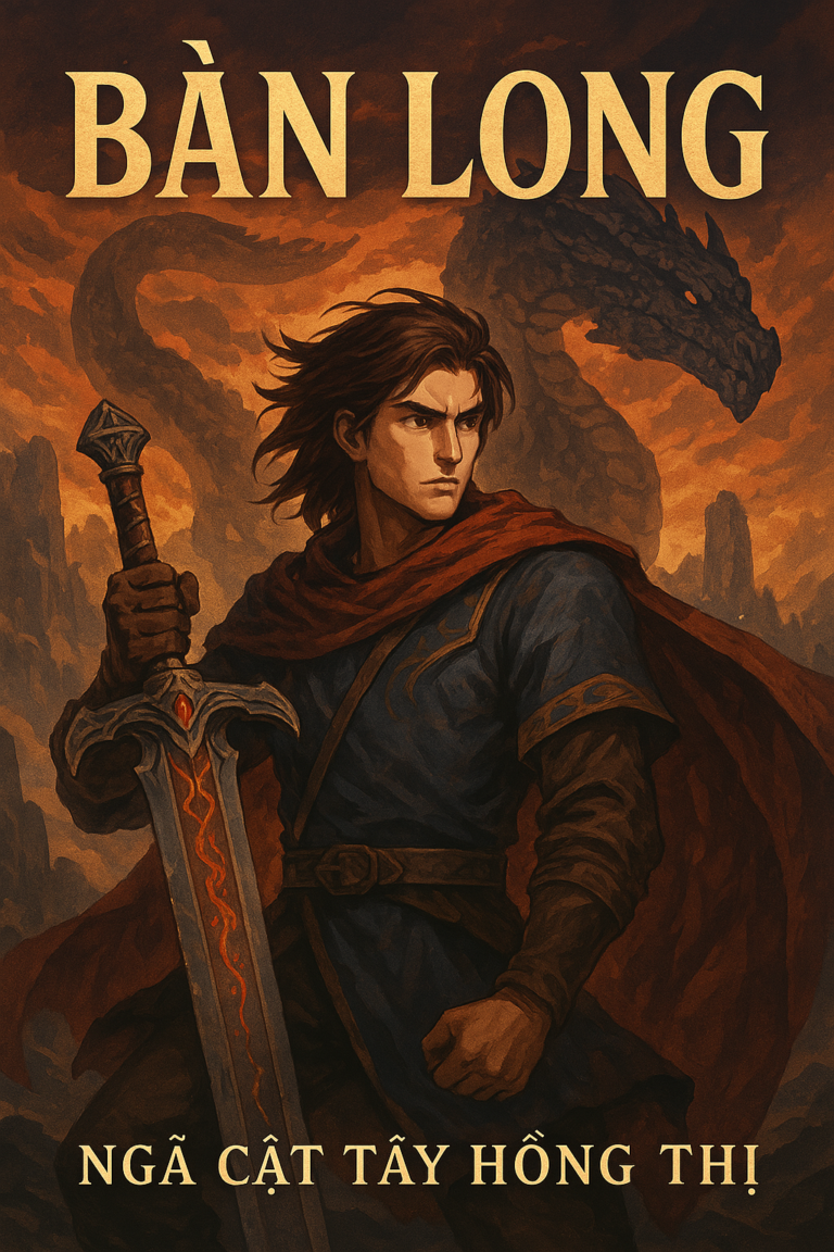 Ảnh bìa truyện Bàn Long – tiểu thuyết huyền huyễn của Ngã Cật Tây Hồng Thị, nhân vật chính Lâm Lôi cầm kiếm đứng trước rồng lửa.