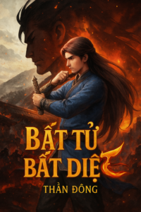 "Ảnh bìa truyện Bất Tử Bất Diệt của Thần Đông, minh họa nhân vật chính với thanh kiếm trong tay, phía sau là hình bóng kẻ thù và khung cảnh cháy rực