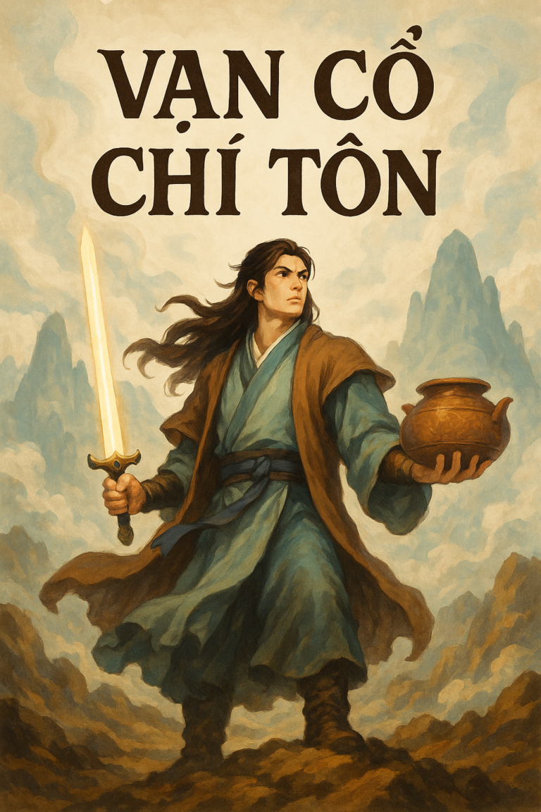 Ảnh bìa truyện Vạn Cổ Chí Tôn phong cách nhẹ nhàng, nhân vật chính cầm kiếm và đan lô đứng giữa núi mây