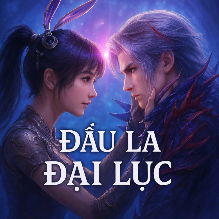 Cặp đôi nhân vật chính trong Đấu La Đại Lục nhìn nhau đầy cảm xúc, nền xanh huyền ảo