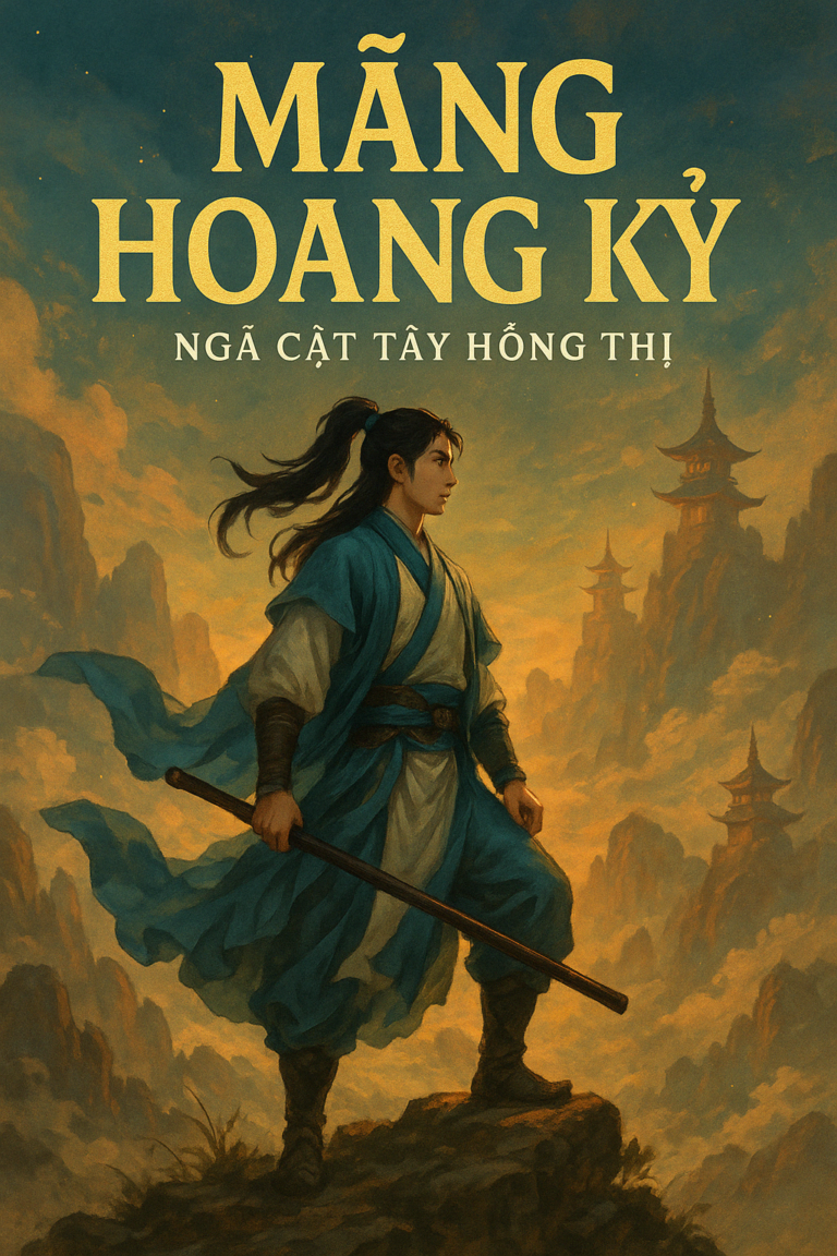 Chiến sĩ trẻ mặc trang phục tu tiên đứng trên vách đá, phía sau là dãy núi huyền ảo và các tòa tháp cổ trong sương mù, minh họa cho truyện tiên hiệp Mãng Hoang Kỷ.